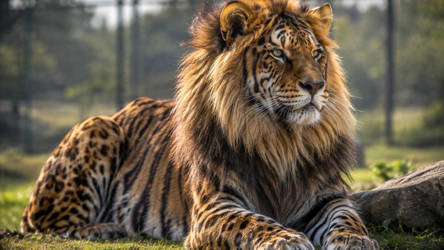 Un liger géant aux traits mélangés du lion et du tigre, regardant l'appareil photo, mettant en évidence sa taille impressionnante et les caractéristiques hybrides de son apparence.