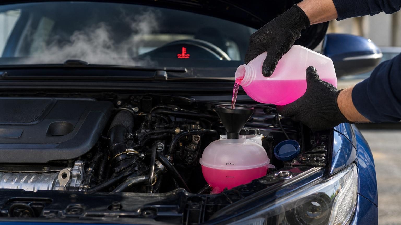 Main versant du liquide de refroidissement dans le vase d'expansion avec un entonnoir, moteur froid et surface plane