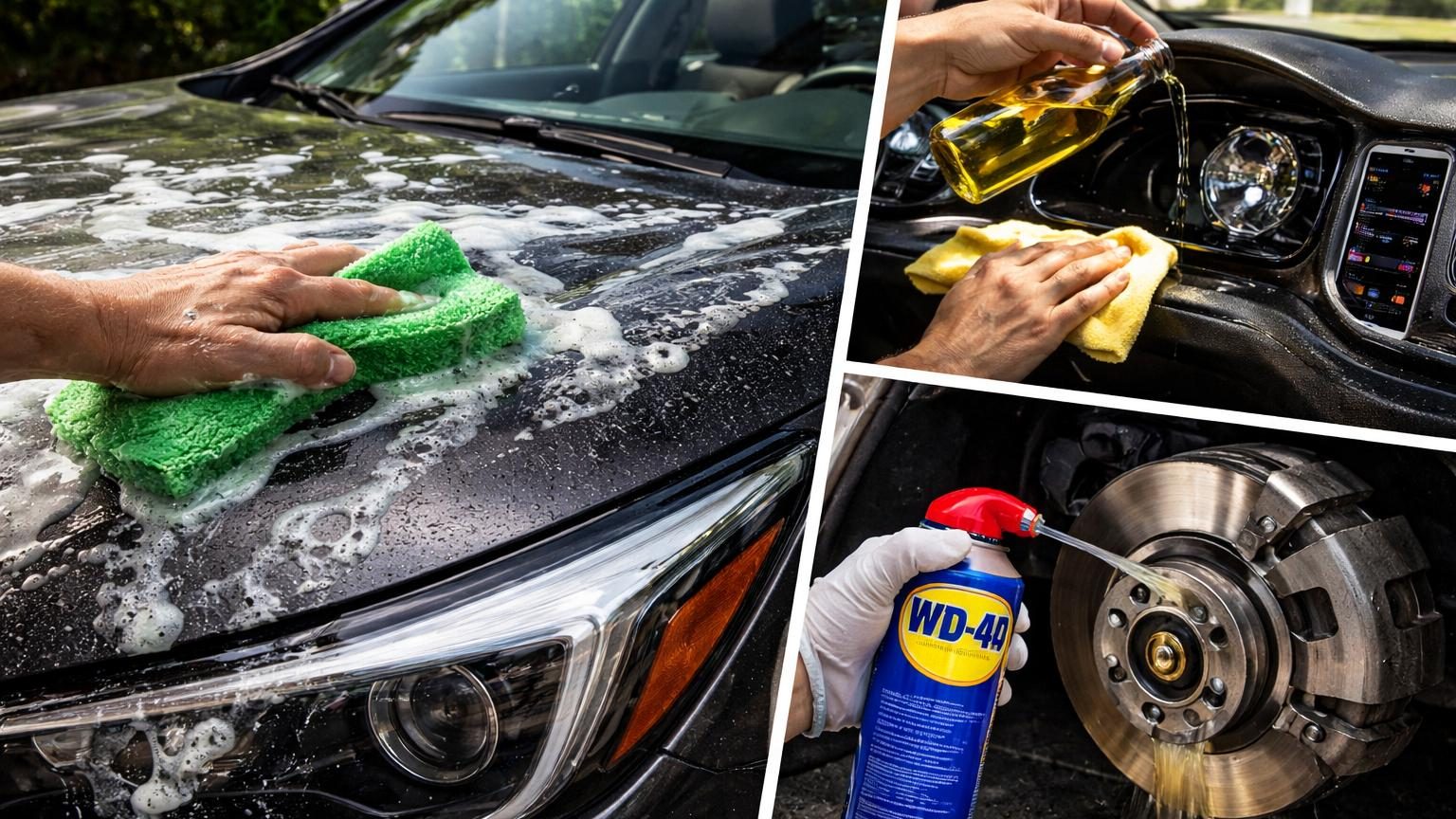 Automobiliste tentant d'appliquer une astuce virale TikTok sur son véhicule, avec des produits ménagers ou des outils inappropriés visibles, illustrant les dangers de l'entretien maison non professionnel
