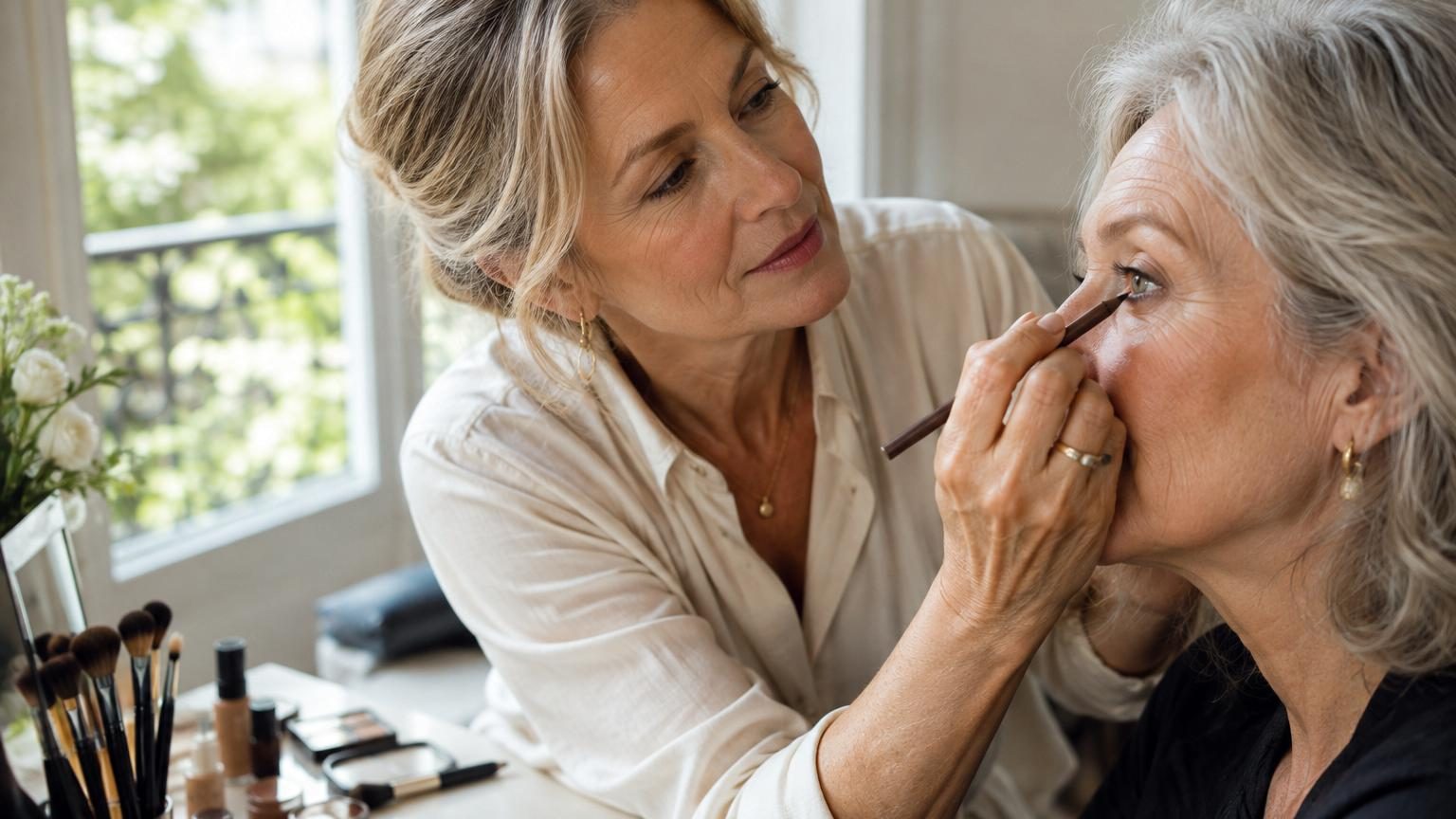 Femme mature maquillant ses yeux avec soin, comparaison avant-après d'un œil avec eye-liner noir intense versus trait doux et adouci en brun