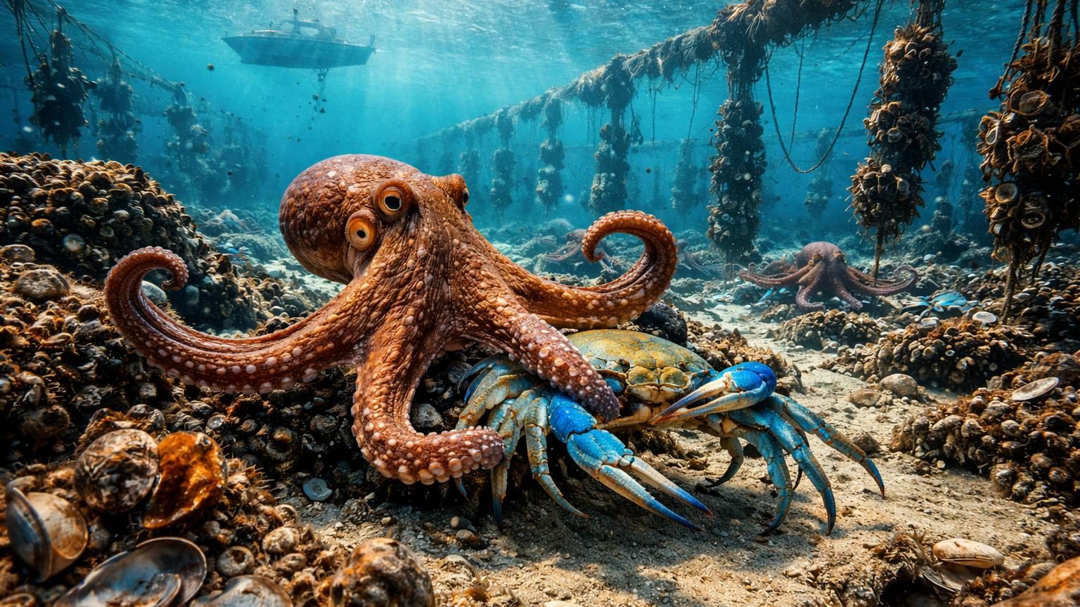 Poulpes en eau marine avec crabe bleu, illustration écologique de la régulation des espèces invasives en Adriatique italienne