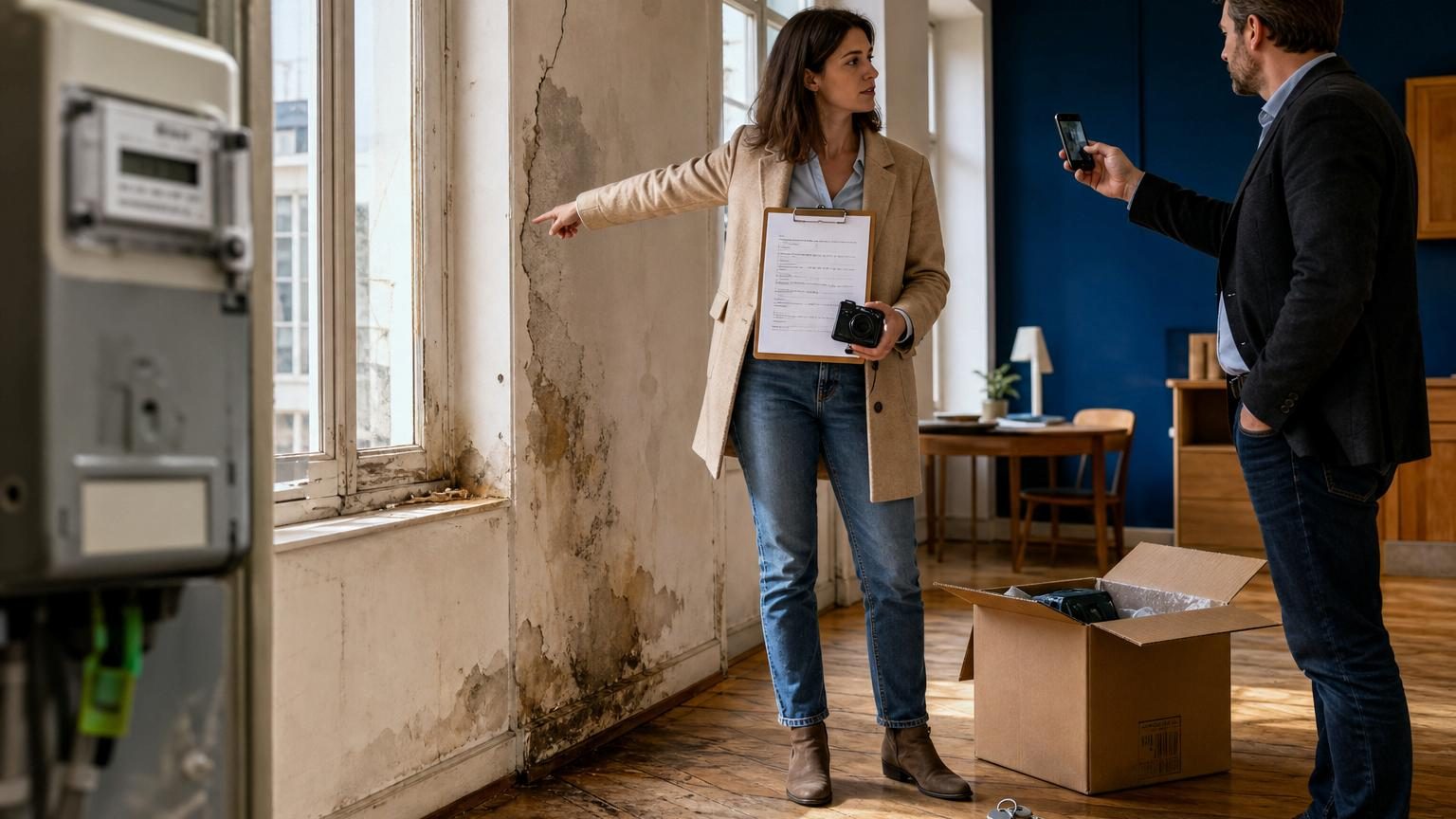Propriétaire prenant des photos du logement lors de la remise des clés tandis que le locataire observe, illustrant la tension potentielle de l'état des lieux d'entrée.