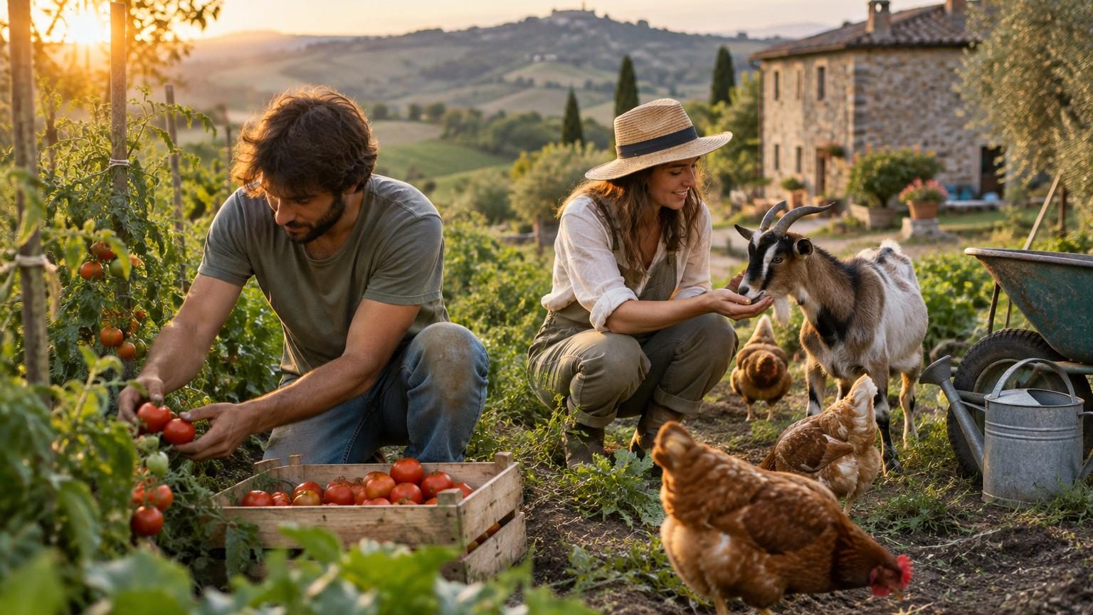 Femme en bottes en caoutchouc tenant un panier de légumes frais devant une vieille maison en pierre entourée de champs et d'un potager luxuriant en Italie rurale.