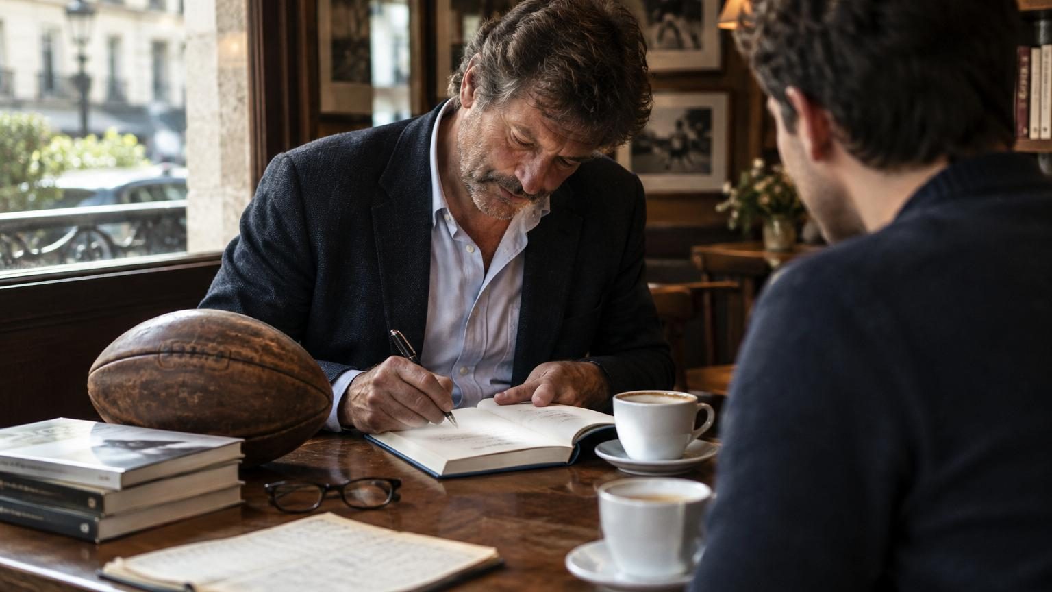 Fabien Galthié, ancien demi de mêlée du Stade Français en tenue de consultant ou en vêtements civils, tenant ou feuilletant son livre « Retour intérieur » publié en 2014.