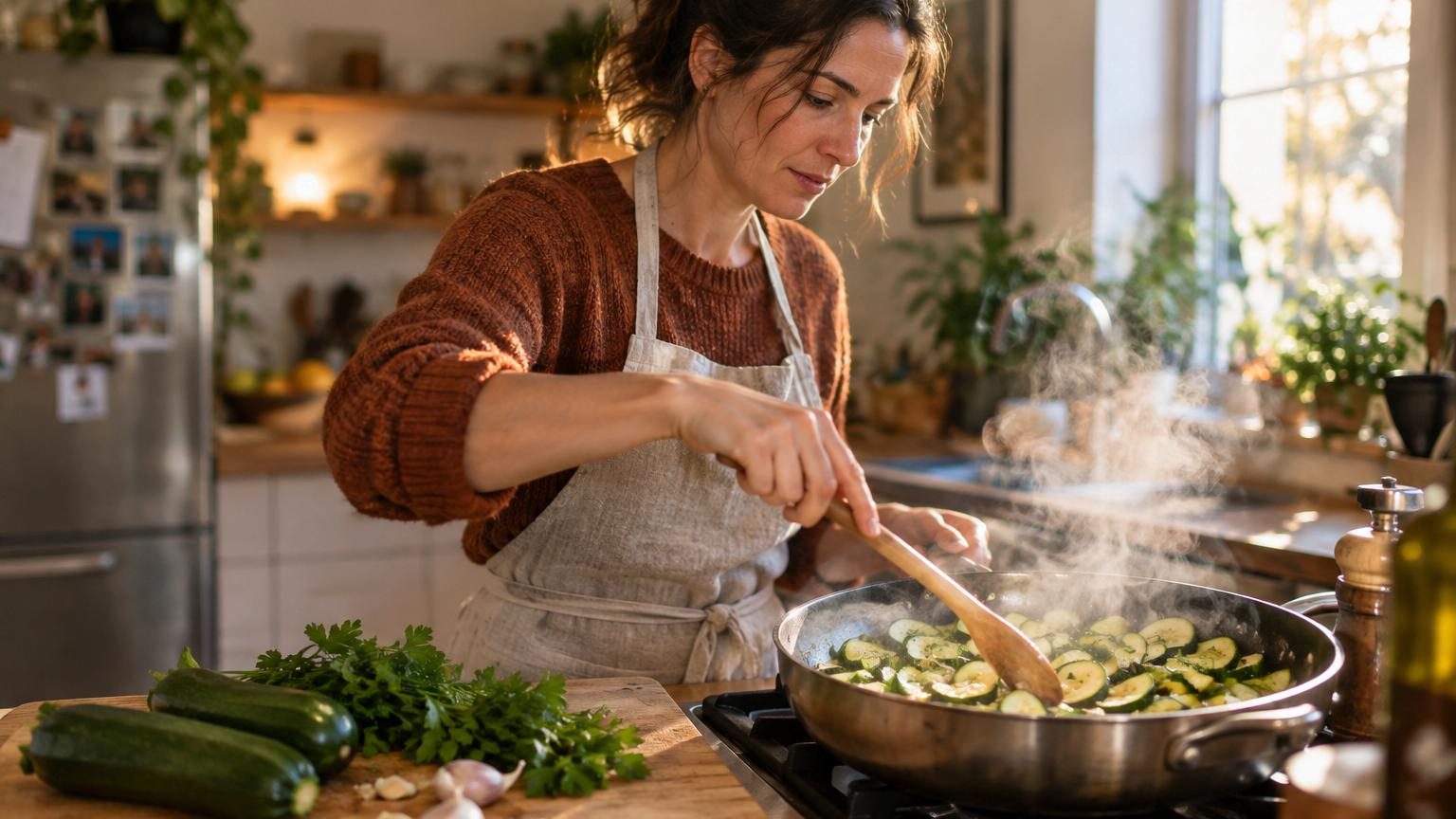 Poêle dorée avec courgettes revenues à l'ail, persil frais ciselé ajouté en dernier, odeur chaleureuse d'automne qui s'échappe de la cuisine.