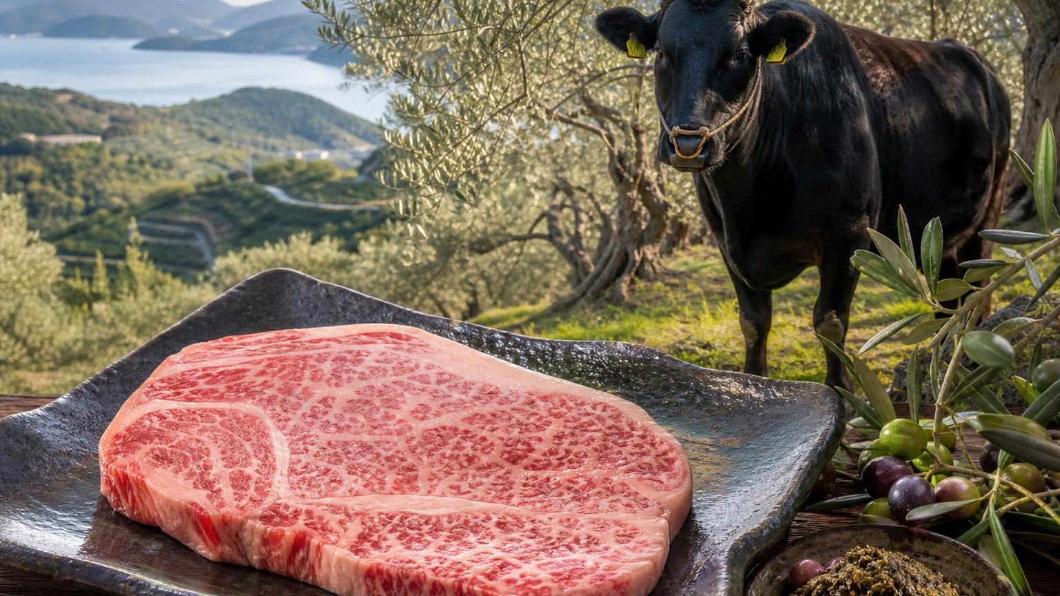 Entrecôte marbrée de persillage blanc intense, tranchée et présentée sur un support en pierre noire, avec de fines veines de gras traversant la viande rougeâtre.