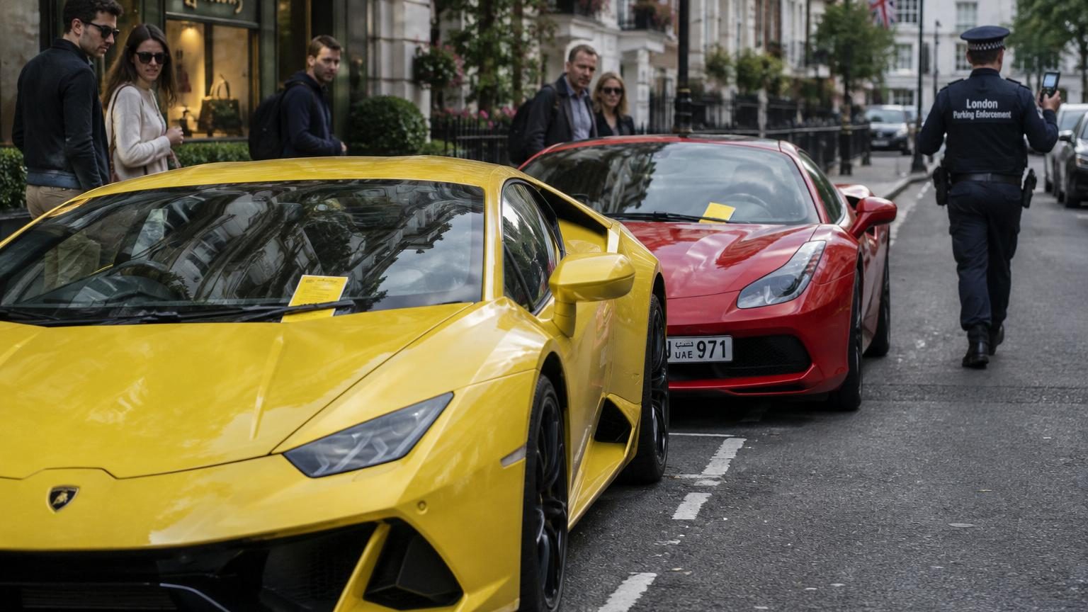 Supercar haut de gamme (Ferrari ou Lamborghini) stationnée illégalement devant un magasin de luxe à Londres, avec contravention sous l'essuie-glace