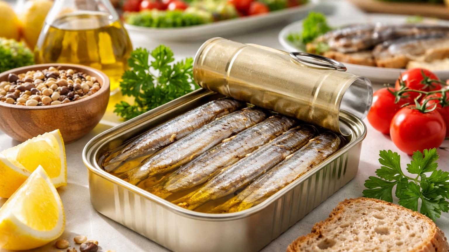 Boîte de sardines en conserve ouverte, présentant des sardines dorées à l'huile avec leurs arêtes visibles, symbolisant leur richesse nutritionnelle.