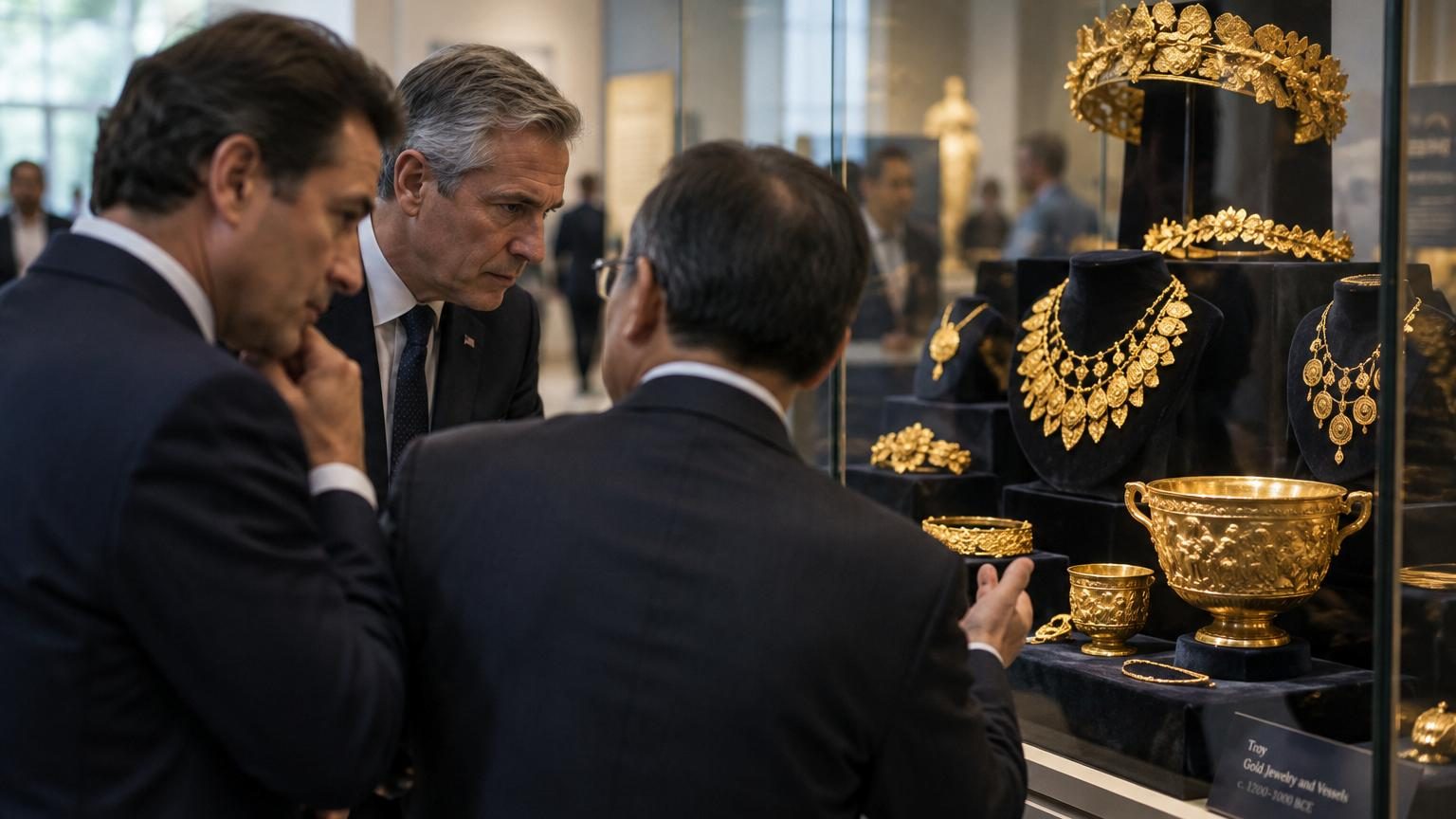 Photographie du Trésor de Priam exposé au musée, montrant des bijoux en or antiques, colliers, bracelets et artefacts rituels datant de 4 500 ans.