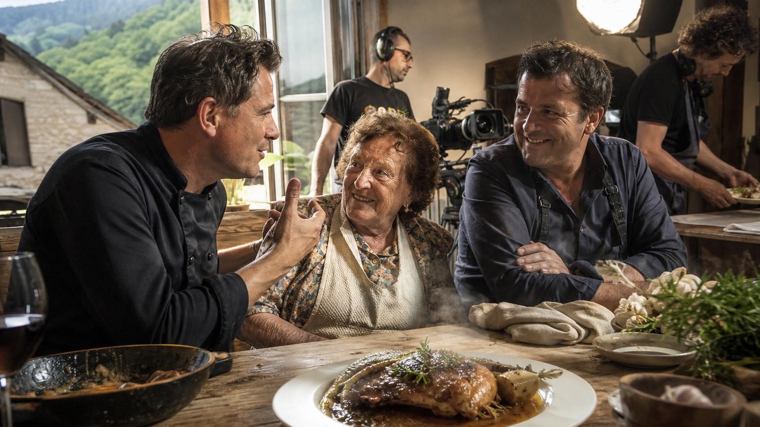 Norbert Tarayre en plateau de tournage, souriant, entouré d'artisans cuisiniers et de plats régionaux authentiques, symbolisant les coulisses chaleureuses de La meilleure cuisine régionale.
