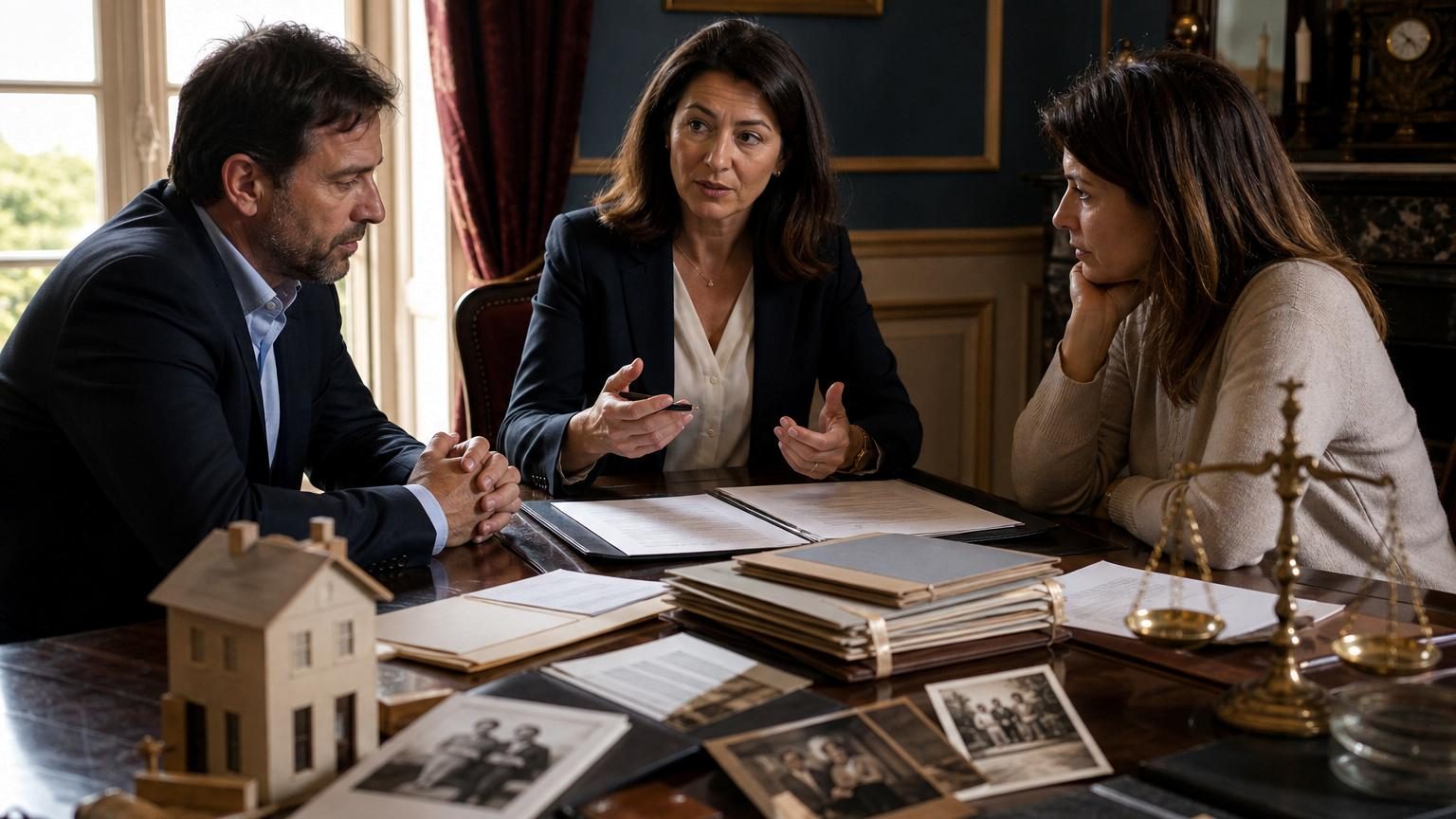 Deux générations discutent autour d'une table avec des documents financiers, symbolisant une conversation transparente sur les donations familiales.