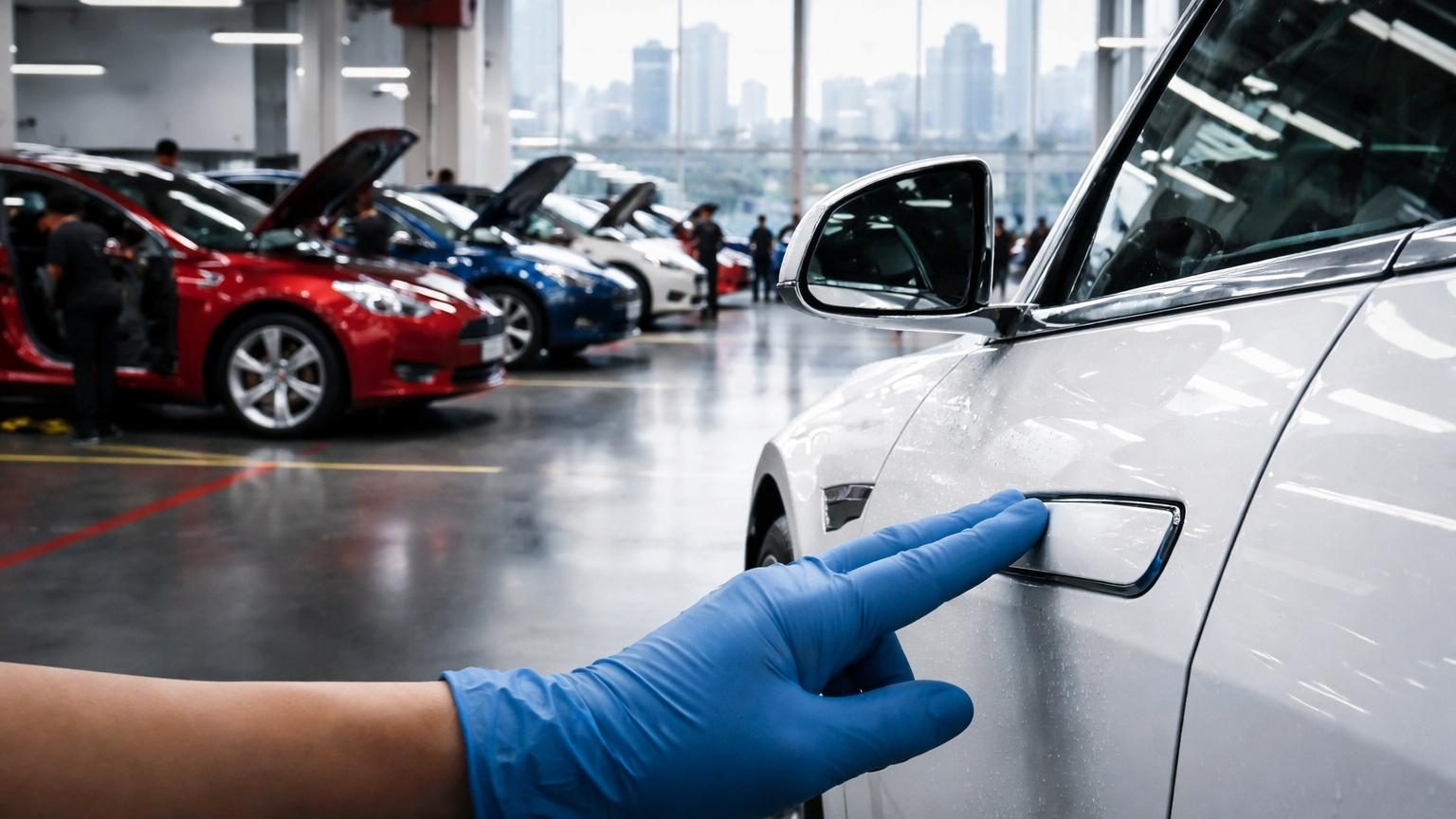 Logo de Tesla avec des poignées de porte intégrées à une carrosserie de véhicule électrique, symbolisant le défaut de sécurité identifié en Chine.
