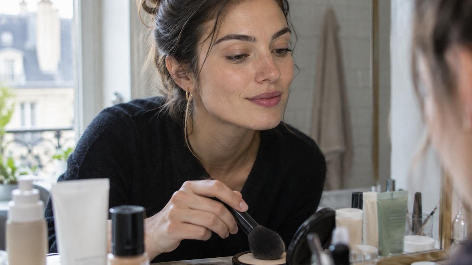 Poudre compacte Rimmel Stay Matte avec boîtier beige, posée sur une surface lumineuse représentant un teint matifié et unifié.