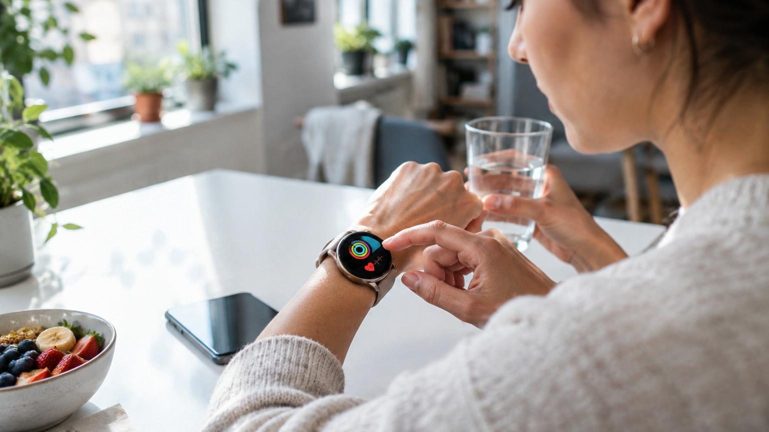 Sélection de huit montres connectées 2026 de marques Huawei, Apple, Samsung, Withings et Amazfit affichant des données de santé sur leurs écrans respectifs, disposées sur un fond blanc minimaliste.