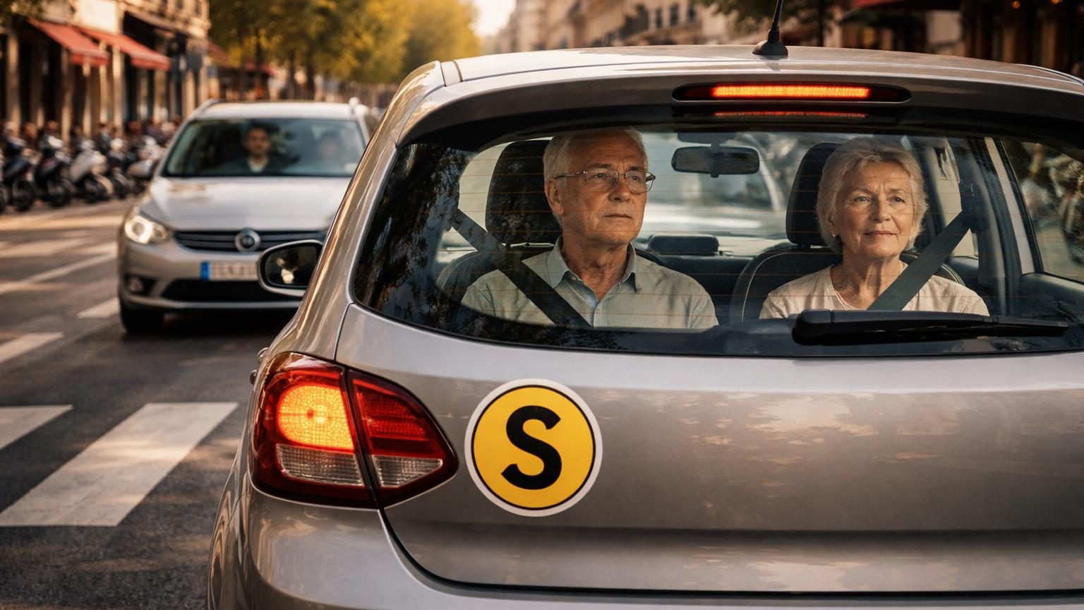 Autocollant « S » pour senior sur un pare-brise de voiture, avec le code de la route en arrière-plan