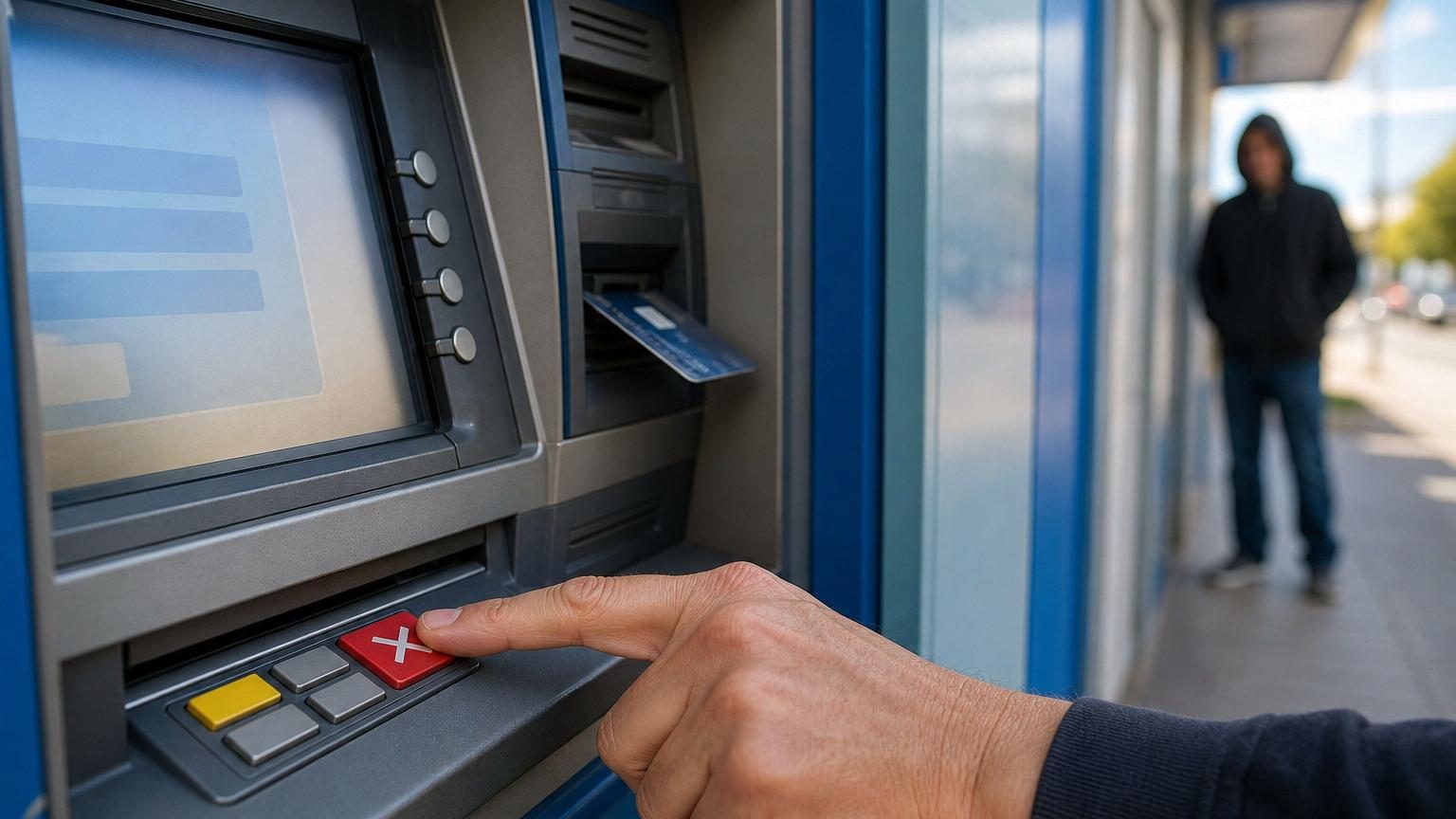 Gros plan sur une main devant un distributeur automatique de billets avec affichage d'un message d'erreur et une fente de carte visible.