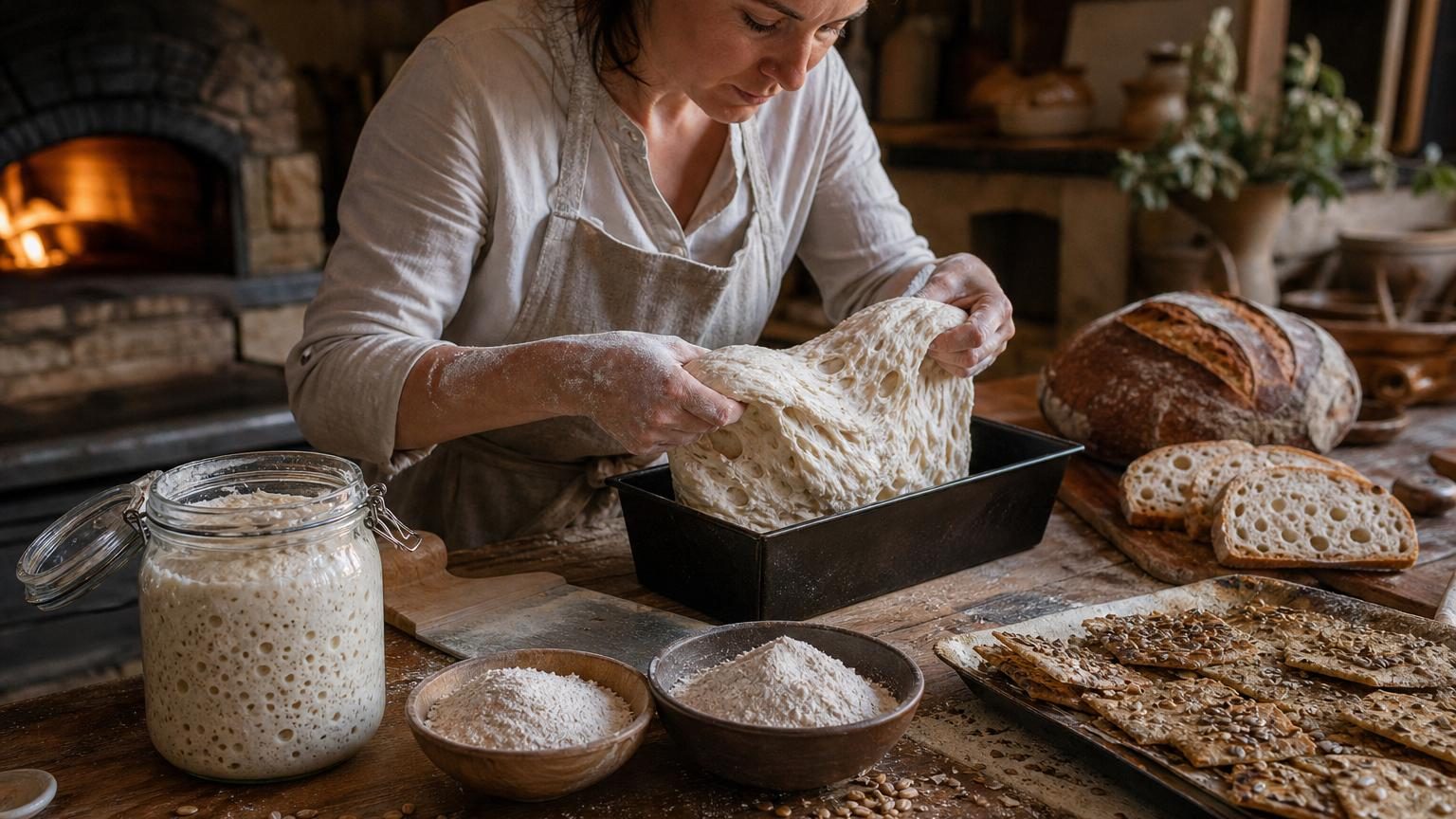 Gros plan sur une pâte de levain au repos dans un bocal en verre, montrant la texture aérée avec de nombreuses bulles de fermentation, avec un décor de grains de blé et de seigle autour.