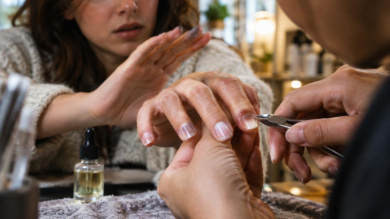 Mains manucurées avec ongles roses et brillants, mettant en évidence la délicate zone des cuticules à la base de chaque ongle.