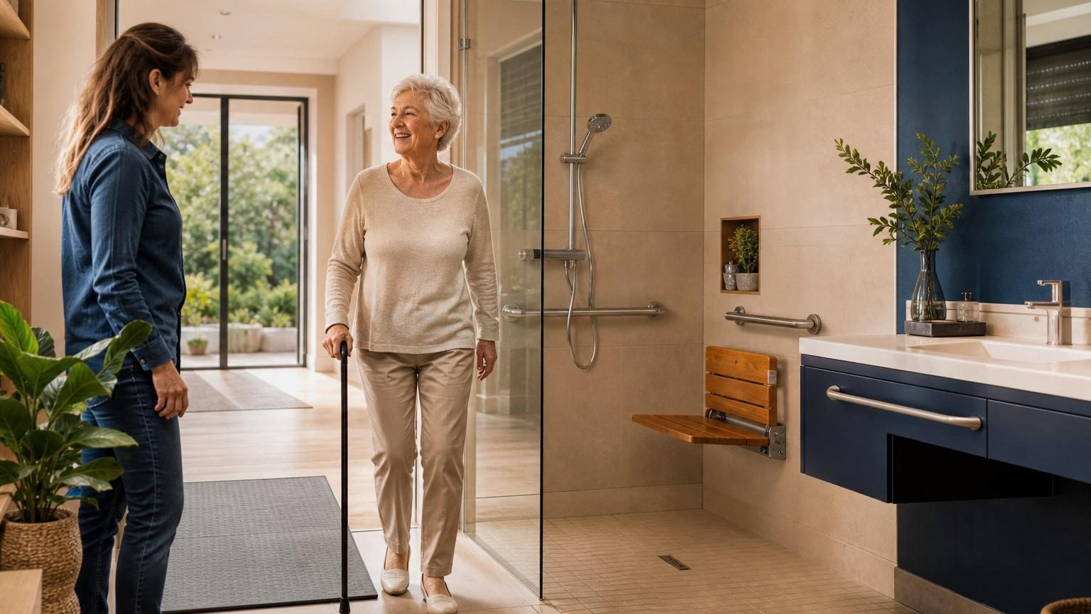 Salle de bains adaptée avec douche de plain-pied, barres d'appui et aménagements sécurisés pour personne âgée ou en perte de mobilité