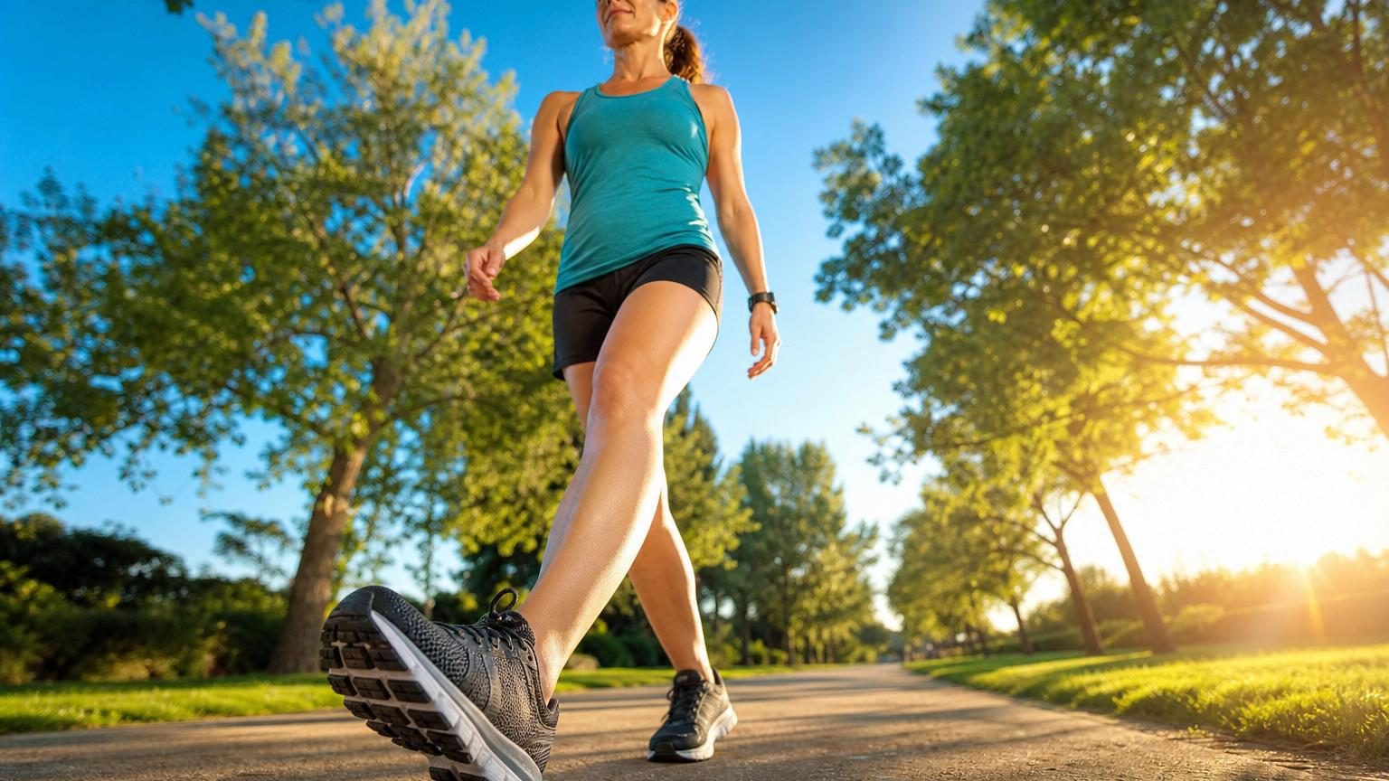 Une femme portant des chaussures de marche confortables marche dans un parc ensoleillé, le sourire aux lèvres.