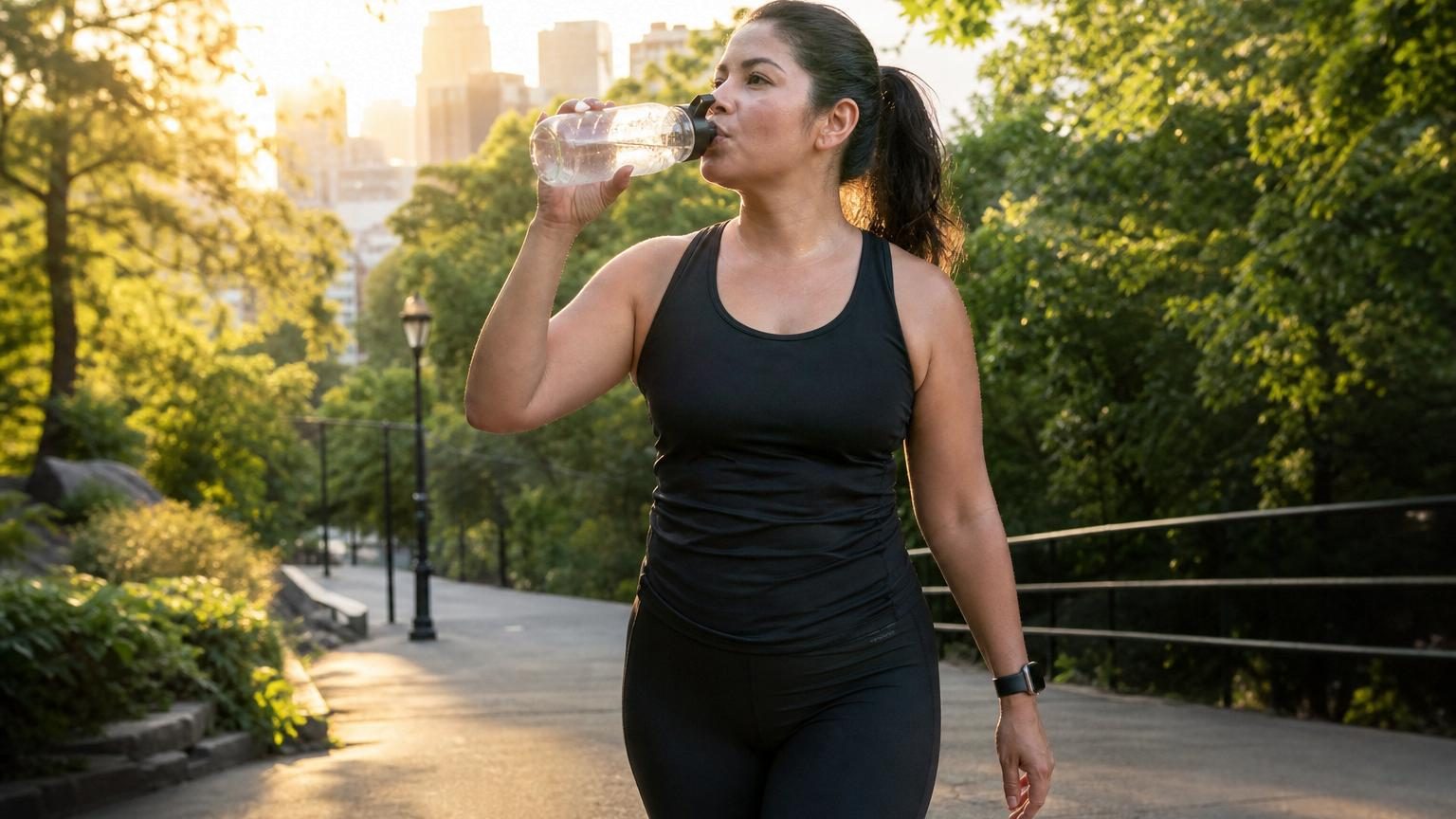 Une femme en tenue de sport boit de l'eau dans une gourde lors d'une pause au cours d'une marche en plein air par temps ensoleillé.