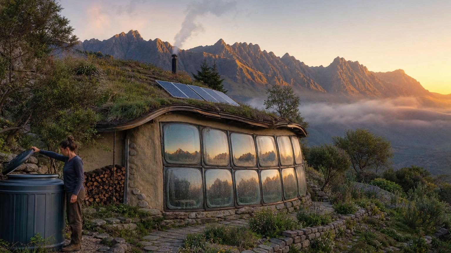 Maison autonome en montagne avec façade de douze pare-brises inclinés et toiture végétalisée, entourée de reliefs montagneux à l'aube