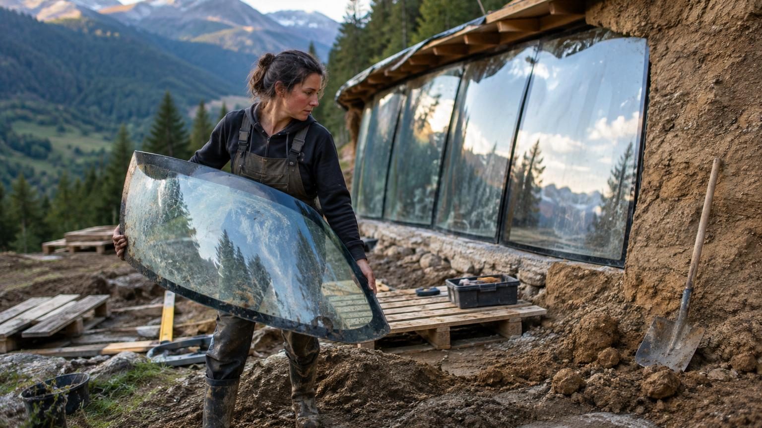 Douze pare-brises de voiture de dimensions variées, empilés et alignés au soleil, attendant d'être intégrés à la façade sud d'une maison en terre construite par Mariana dans les Alpes.