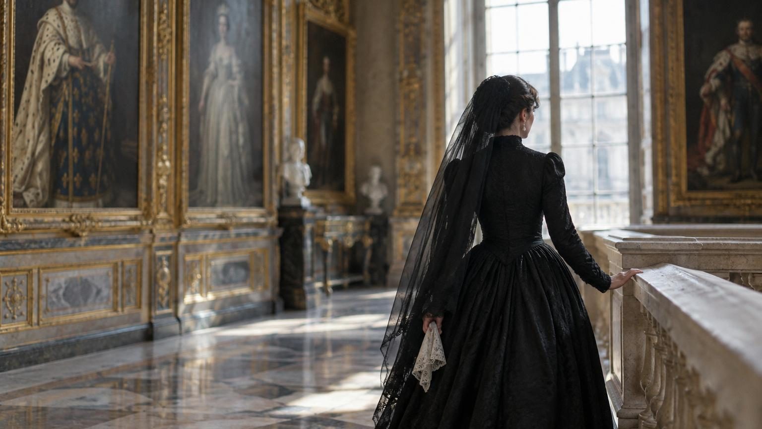Portrait historique de Catherine de Médicis en vêtements noirs de deuil, avec coiffe et voile, incarnant la souveraine italienne reine de France à la Renaissance.