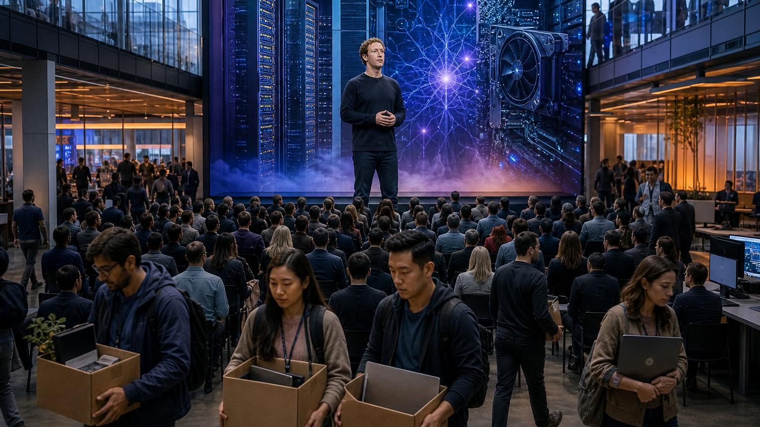 Portrait de Mark Zuckerberg en réunion interne devant ses équipes, fond technologique avec symboles d'intelligence artificielle et données numériques