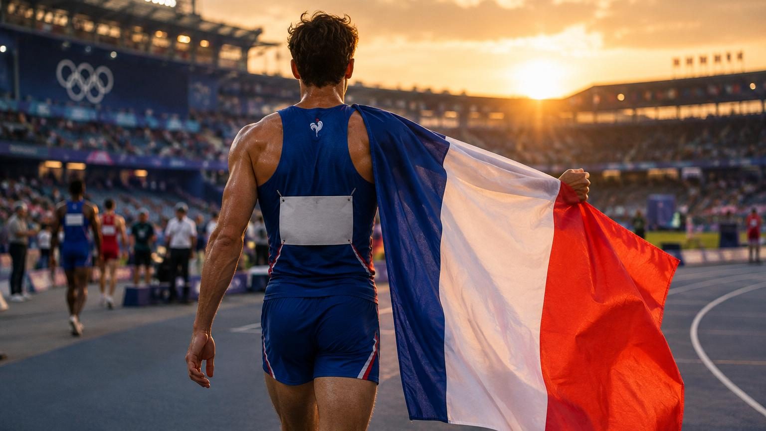 Mathis Desloges en tenue sportive française, portant le drapeau tricolore lors d'une cérémonie de clôture, à la tête de la délégation française.