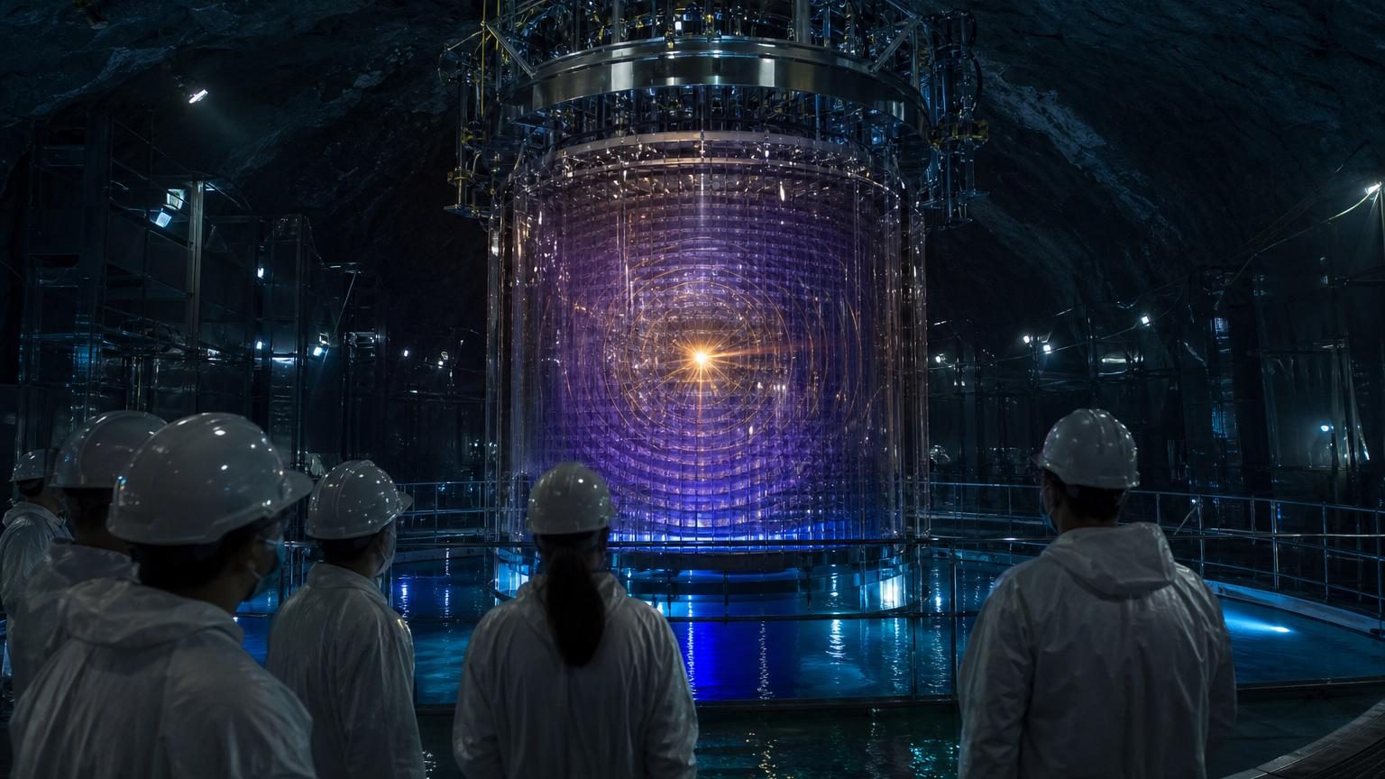 Illustration conceptuelle d'un détecteur souterrain de matière noire avec des particules et des signaux lumineux dans un environnement de laboratoire protégé sous terre