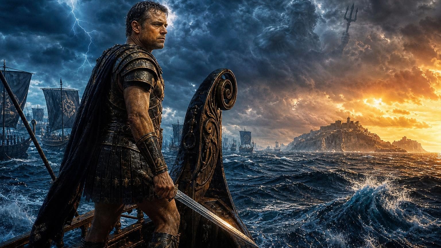 Matt Damon en héros grec affrontant tempêtes et créatures mythologiques dans une épopée antique cinématographique