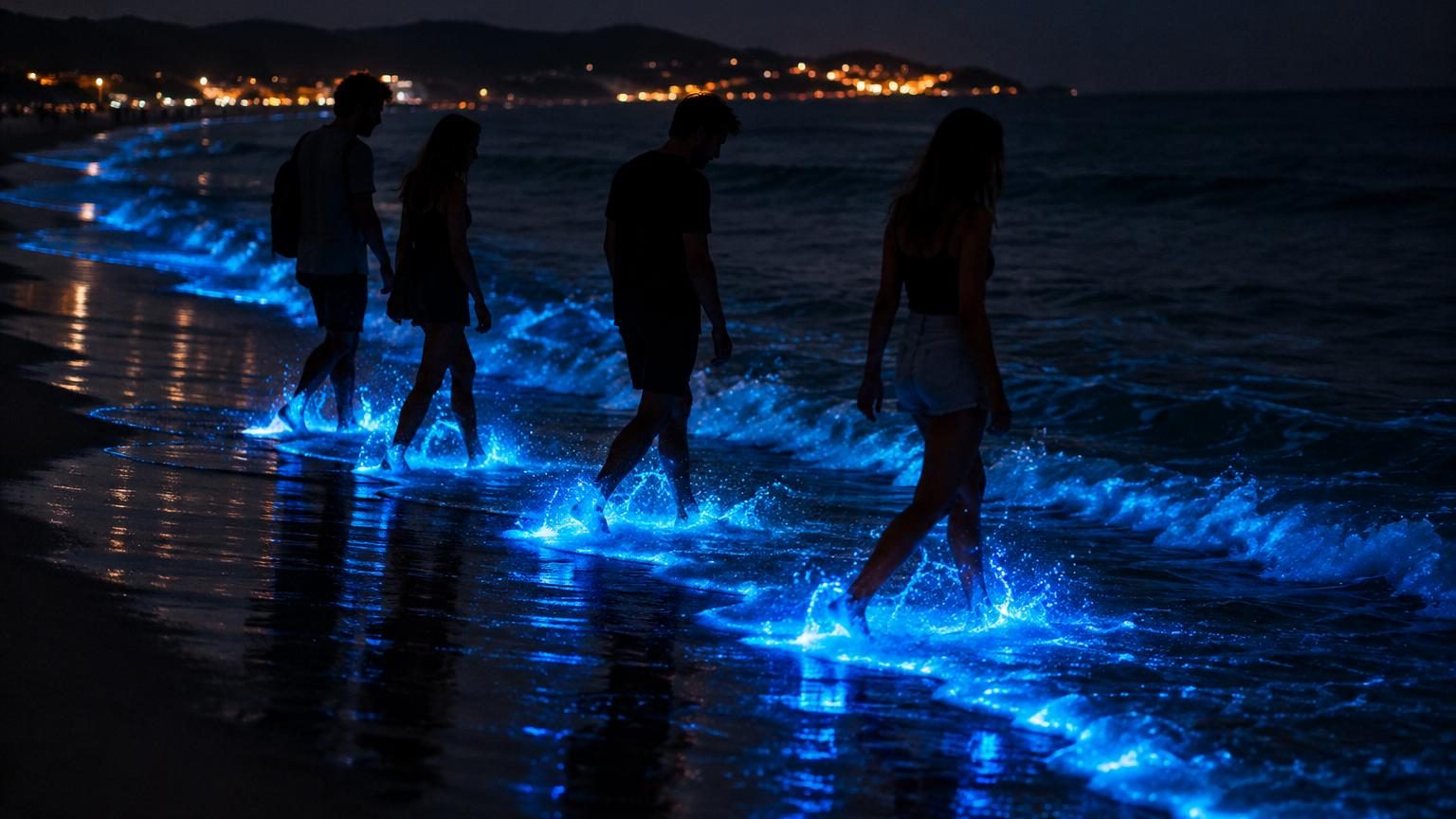 Vagues lumineuses bleu électrique s'échouant sur une plage galicienne la nuit, créant une traînée brillante dans l'eau agitée.