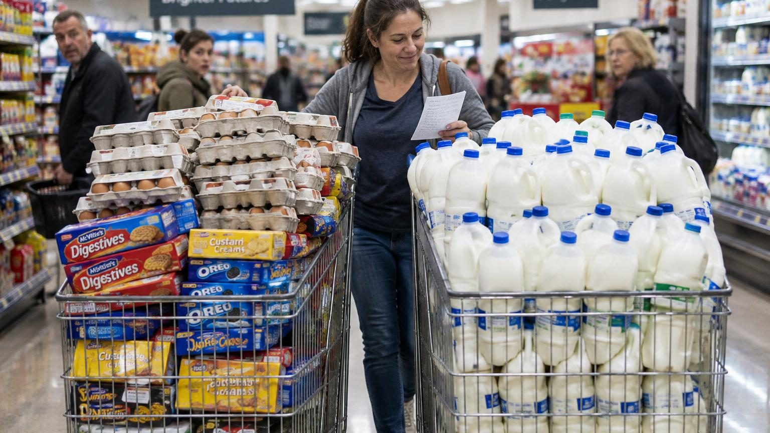 Une mère pousse un chariot débordant de produits alimentaires: des cartons de lait empilés, des boîtes de biscuits et des œufs en douzaines, dans l'allée d'un supermarché.