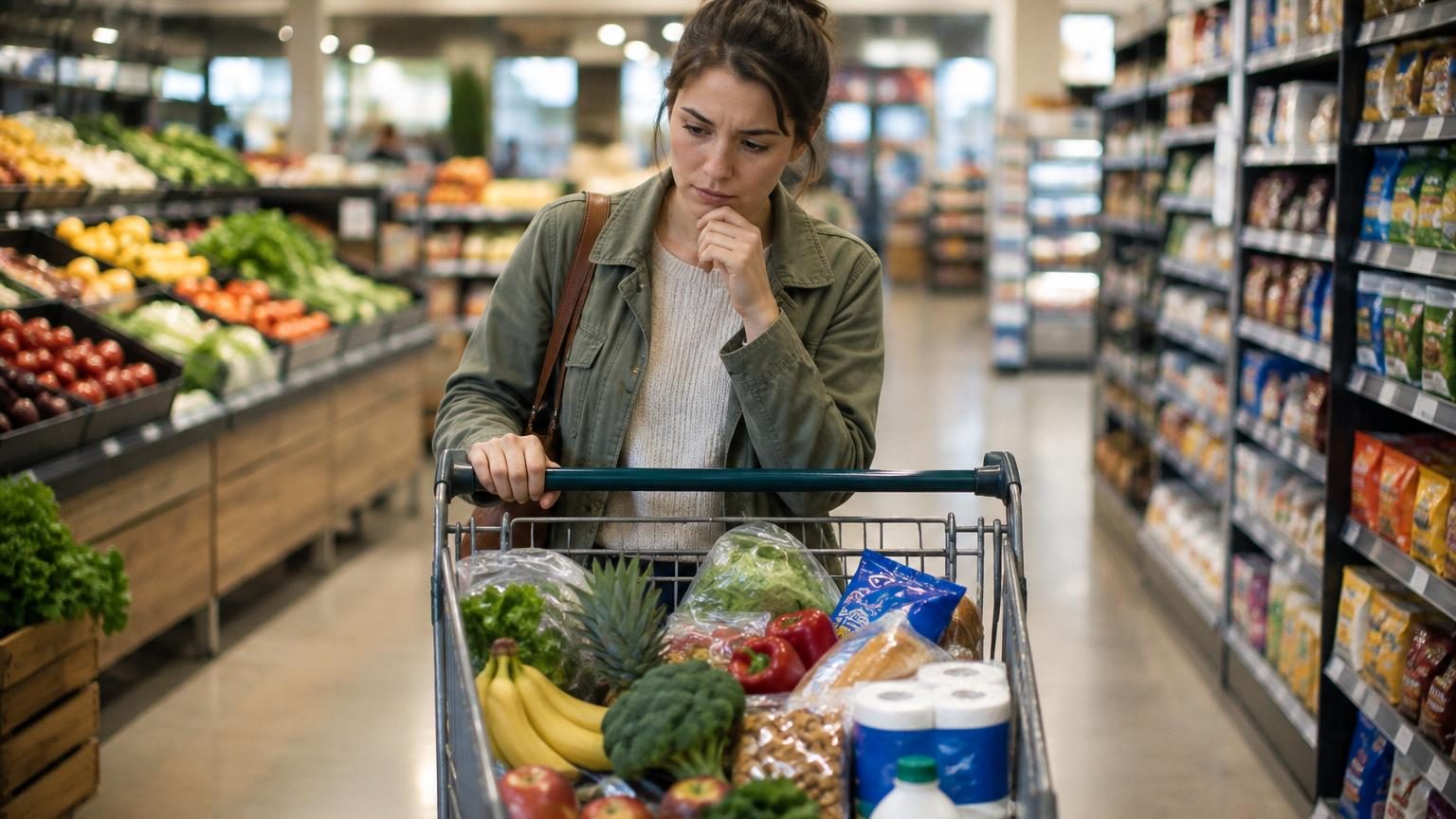 Caddie de supermarché rempli de fruits, légumes frais, protéines et autres produits alimentaires pour illustrer les courses organisées selon la méthode 5-4-3-2-1 TikTok