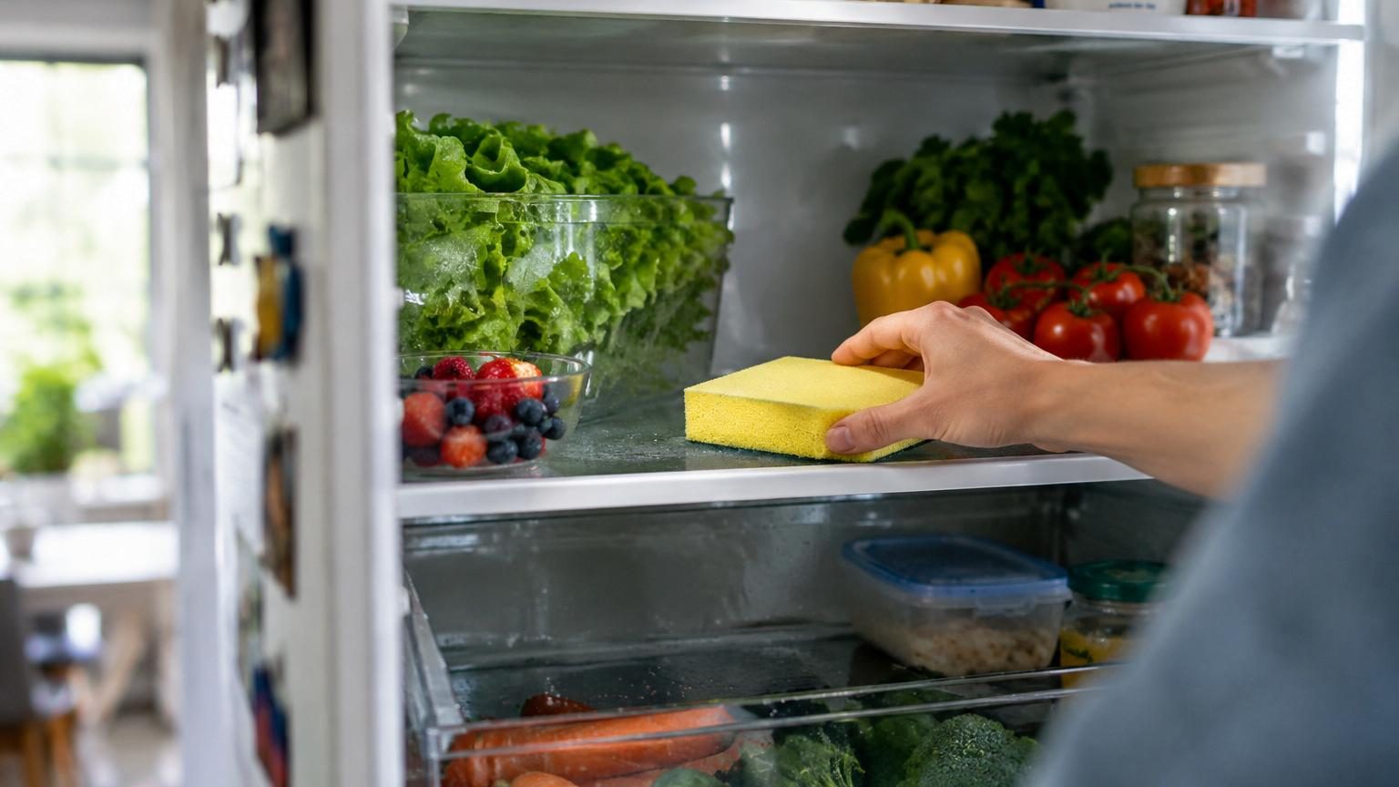 Une éponge propre placée sur l'étagère d'un réfrigérateur ouvert, entourée de fruits, légumes et emballages alimentaires variés.