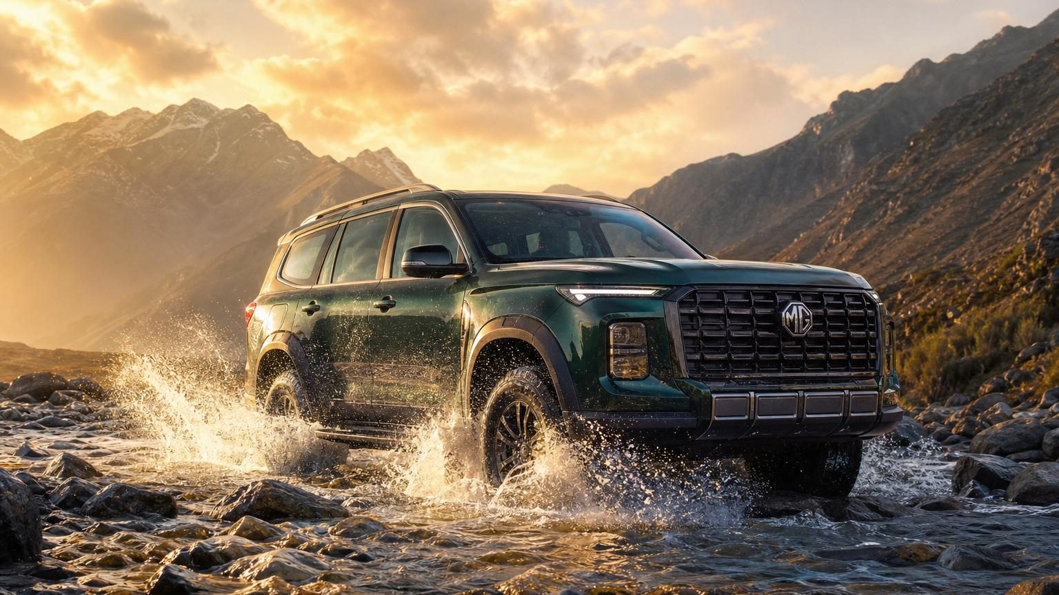 MG Majestor, grand SUV robuste de plus de cinq mètres avec calandre massive, phares séparés et allure imposante de tout-terrain traditionnel garé en extérieur.