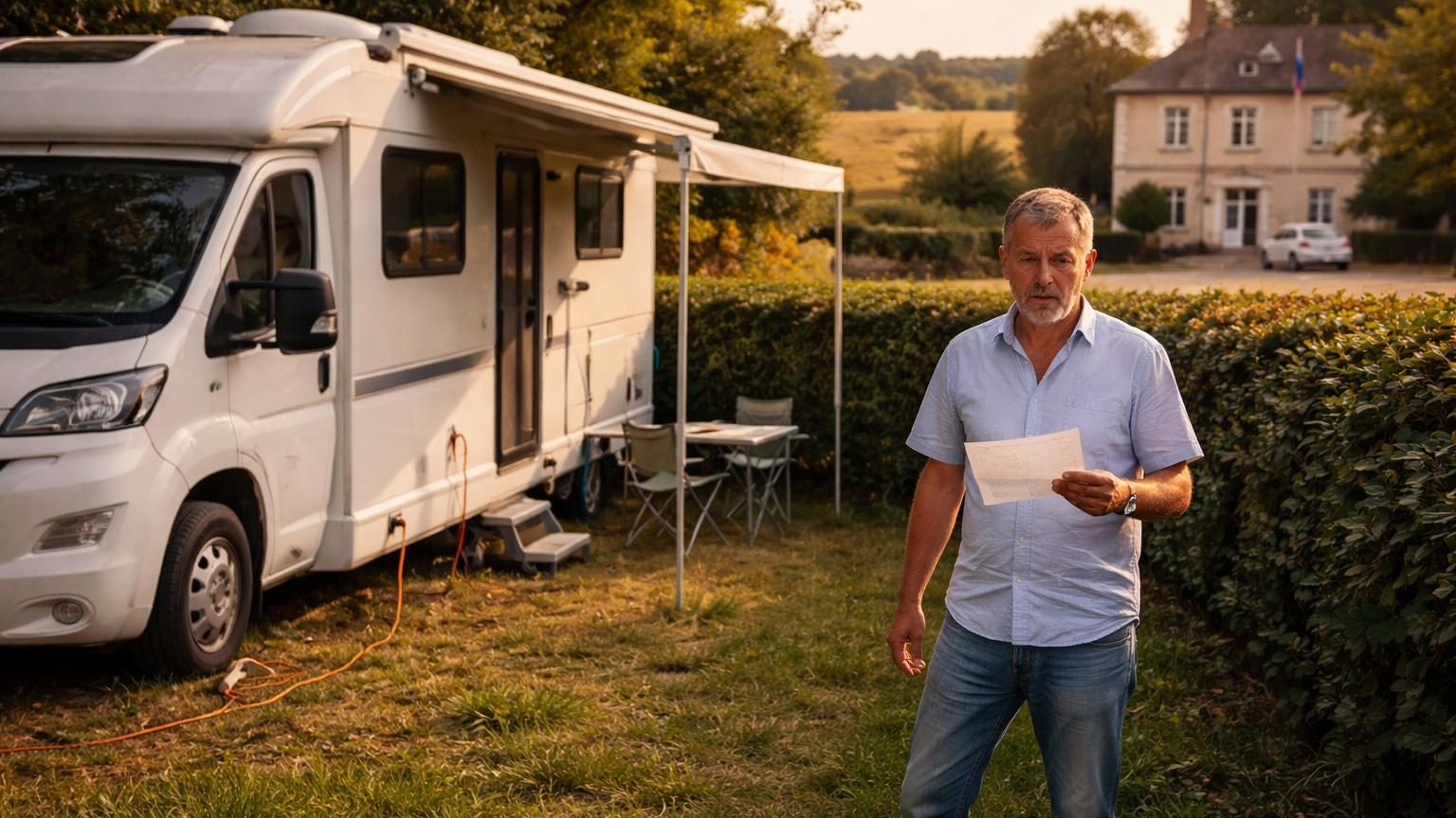 Un camping-car blanc stationné au fond d'un terrain privé derrière une haie de laurier, avec une rallonge électrique, un tuyau d'eau et une table de jardin.