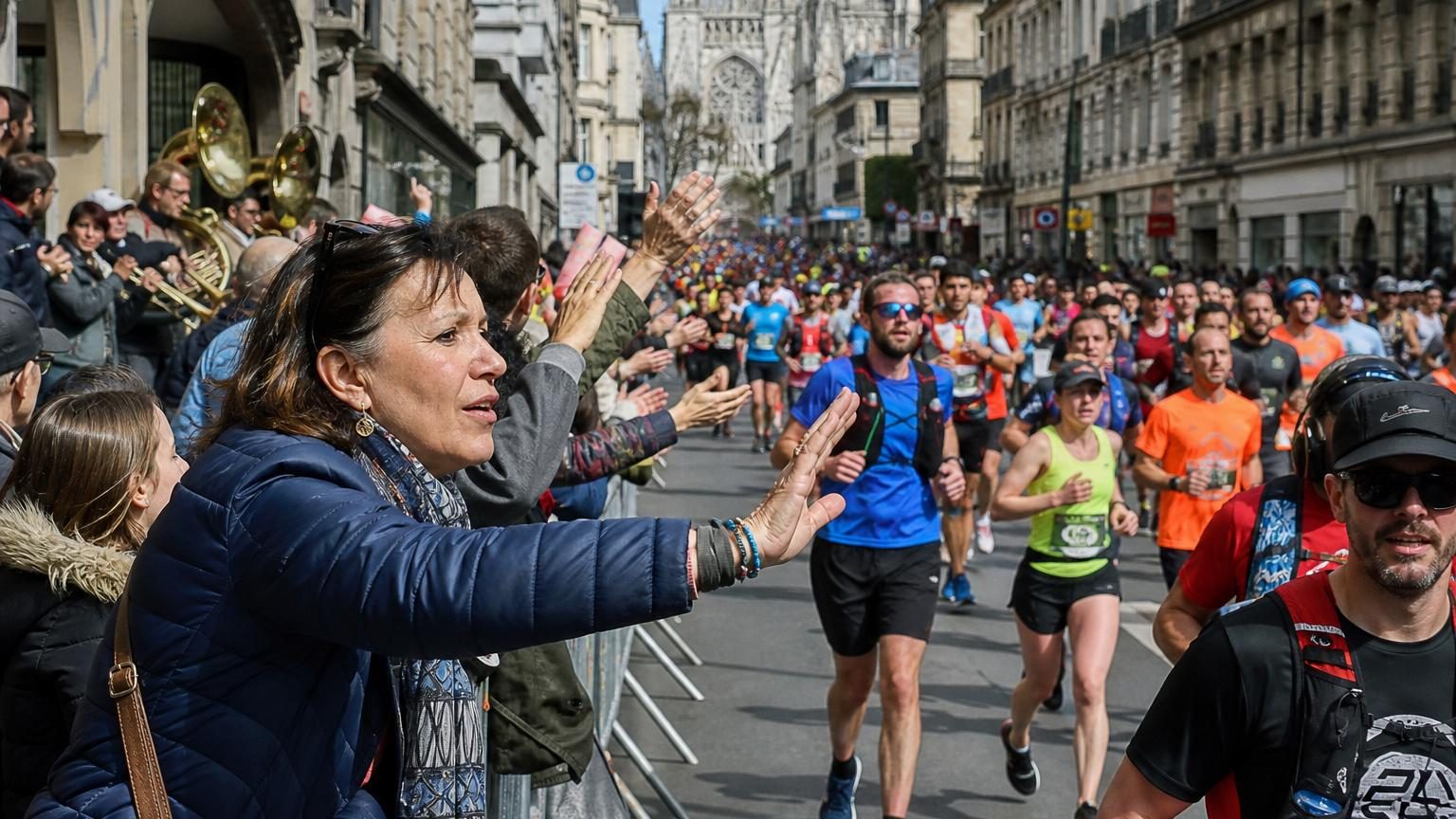 Une foule dense de spectateurs encourage les coureurs dans les rues de Rouen lors d'une course à pied, avec des participants portant des dossards qui défilent devant les tribunes improvisées du public.