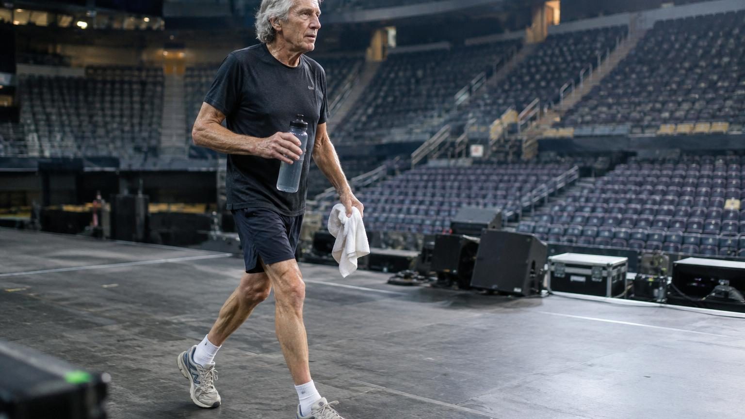 Mick Jagger, 82 ans, chante et danse énergiquement sur une grande scène de stade, illustrant sa capacité à performer pendant des heures grâce à un entraînement régulier et adapté.