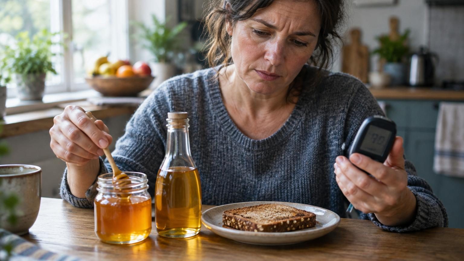 Cuillères de miel doré et sirop d'agave ambré versés, avec comprimés de médicament diabétique et gouttes de test glycémique en arrière-plan