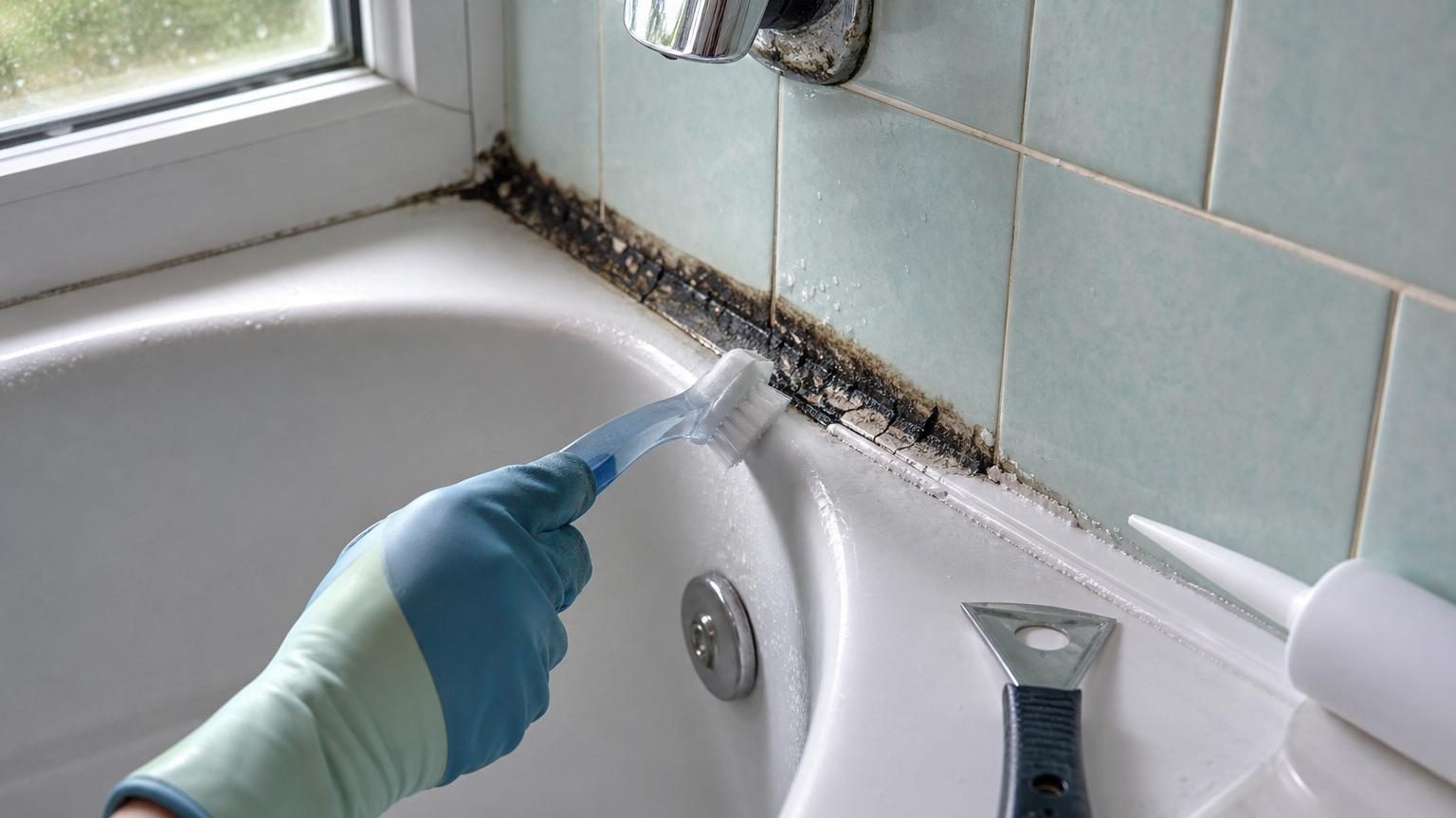 Vue rapprochée d'un joint blanc de baignoire avec des taches noires de moisissure en pointillés le long de la ligne de silicone