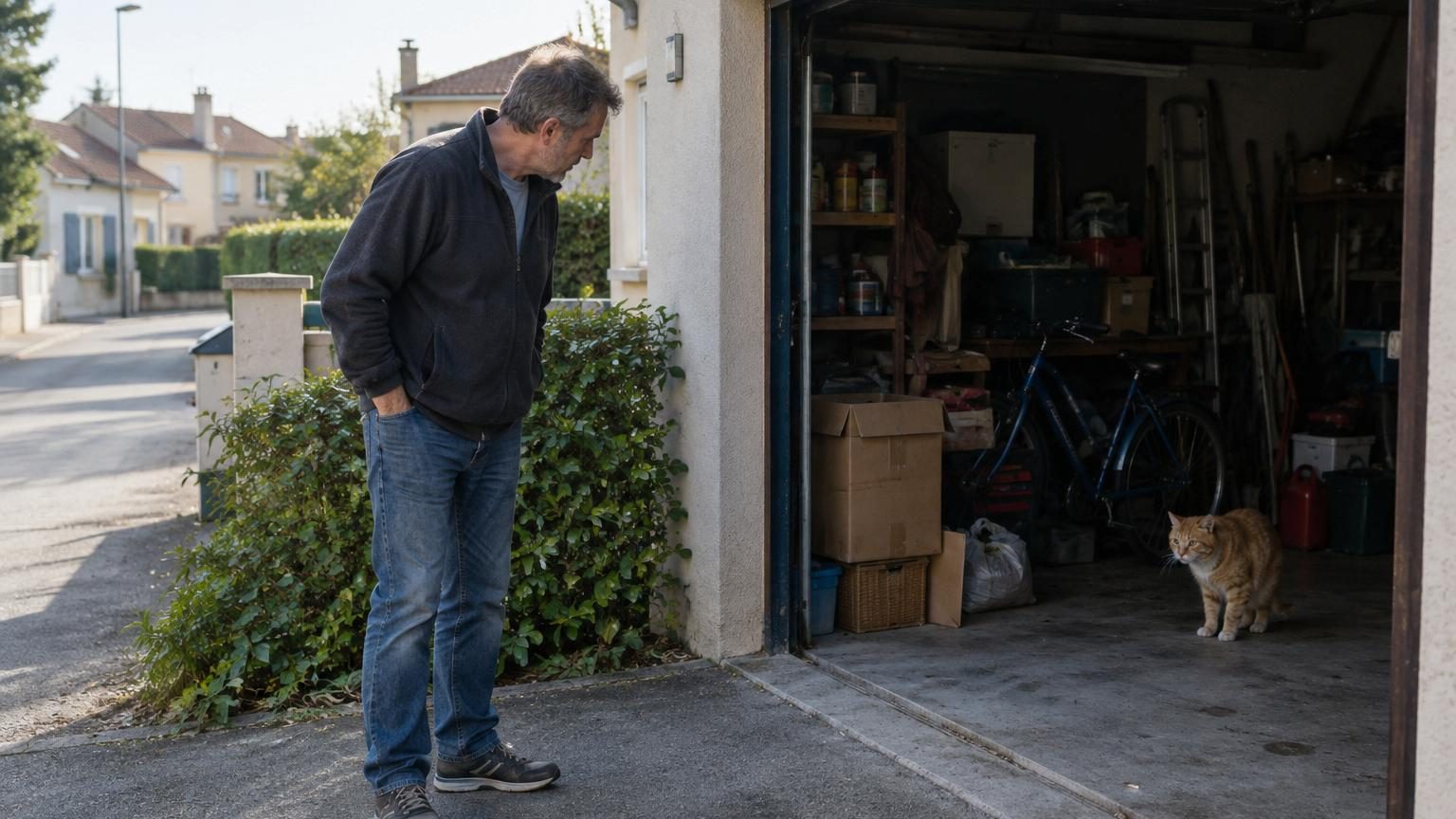 Un homme debout dans l'allée de son garage grand ouvert le matin, observant un chat roux hésitant à s'aventurer dehors, incarnant l'accès progressif d'un animal à la liberté.