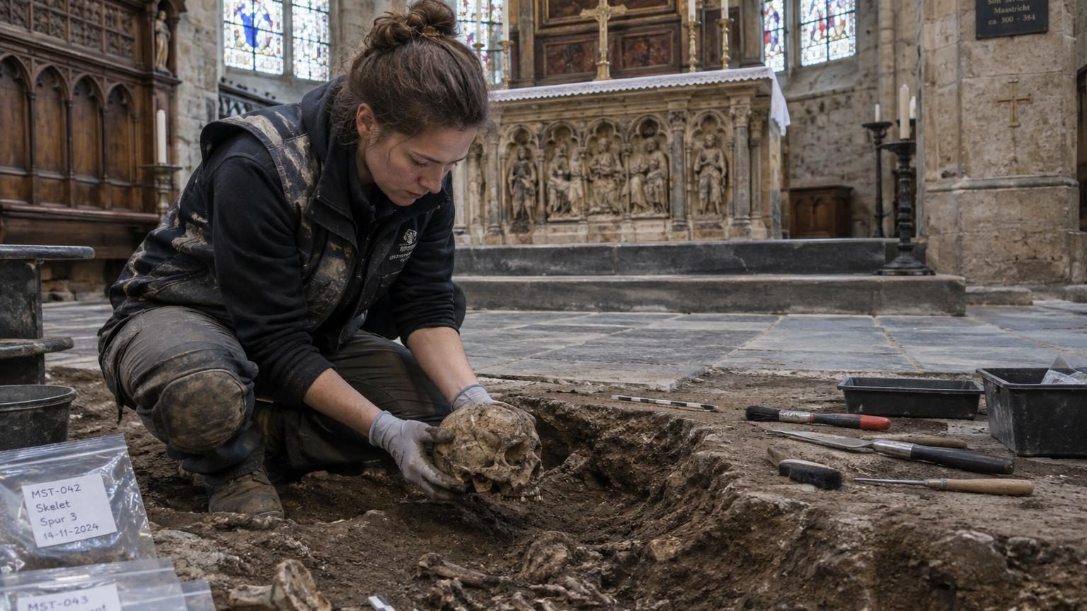 Squelette complet exhumé sous l'autel d'une église néerlandaise, accompagné d'une balle de mousquet et d'ossements en terre consacrée.