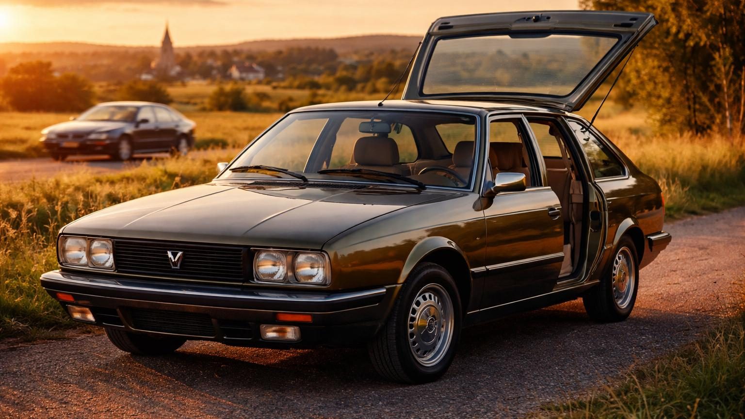 Renault 30 berline bicorps des années 70, vue de profil, moteur V6, hayon pratique, design austère et lignes géométriques typiques de l'époque