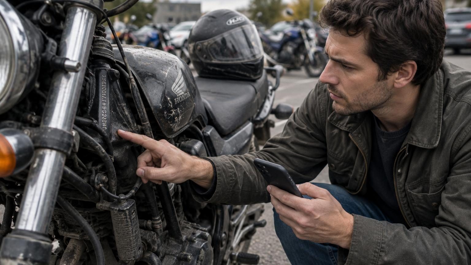 Gros plan sur le numéro de série gravé sur la colonne de direction d'une moto, avec un outil de vérification et des documents administratifs flous en arrière-plan.