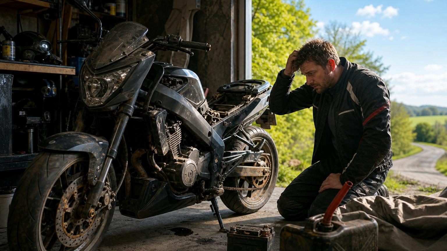 Moto recouverte d'une housse dans un garage froid en début de printemps, avec une batterie et un chargeur d'entretien posés à proximité