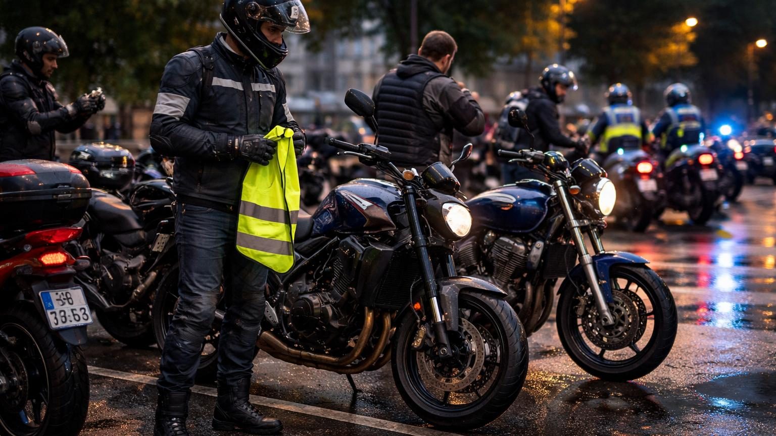 Motard en blouson de couleur sombre préparant son équipement sur un établi ou une table, casque à proximité et gants moto visibles, illustrant la vérification des équipements obligatoires.