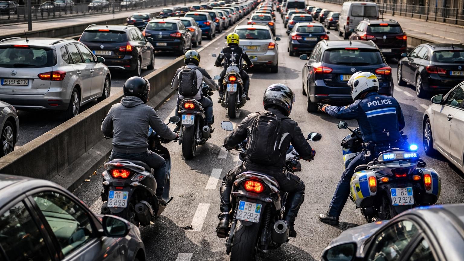 Trois conducteurs de deux-roues (scooter, trail, moto) arrêtés par un motard de la police aux gyrophares bleus sur une route embouteillée, illustrant le contrôle de la nouvelle règle de circulation inter-files.