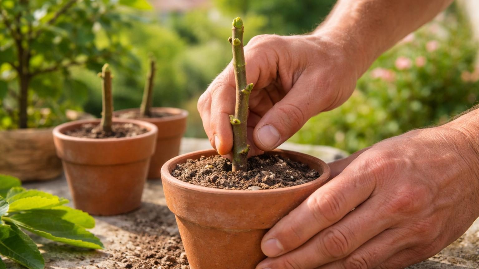 Branche verte et brune de figuier avec petites feuilles, placée dans un pot de terre humide sur un rebord de fenêtre lumineux.